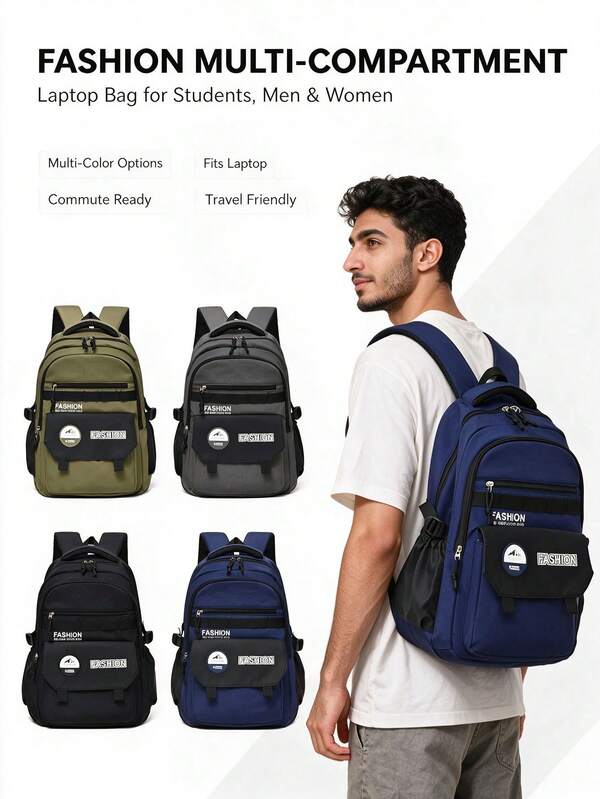 1 buah Tas Ransel Multi-Kompartemen Modis Kapasitas Besar untuk Pelajar, Muat Laptop, Kantong Botol Air di Samping, Cocok untuk Perjalanan, Aneka Warna