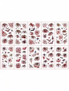 10 Sheets, Halloween Temporary Tattoo Stickers, 130pcs Blood Spider, Bat, And Spider Web Patterns, Waterproof Realistic Fake Tattoos For Body, Arms, And Thighs, Suitable For Party Costume Makeup - Multicolor - View 4