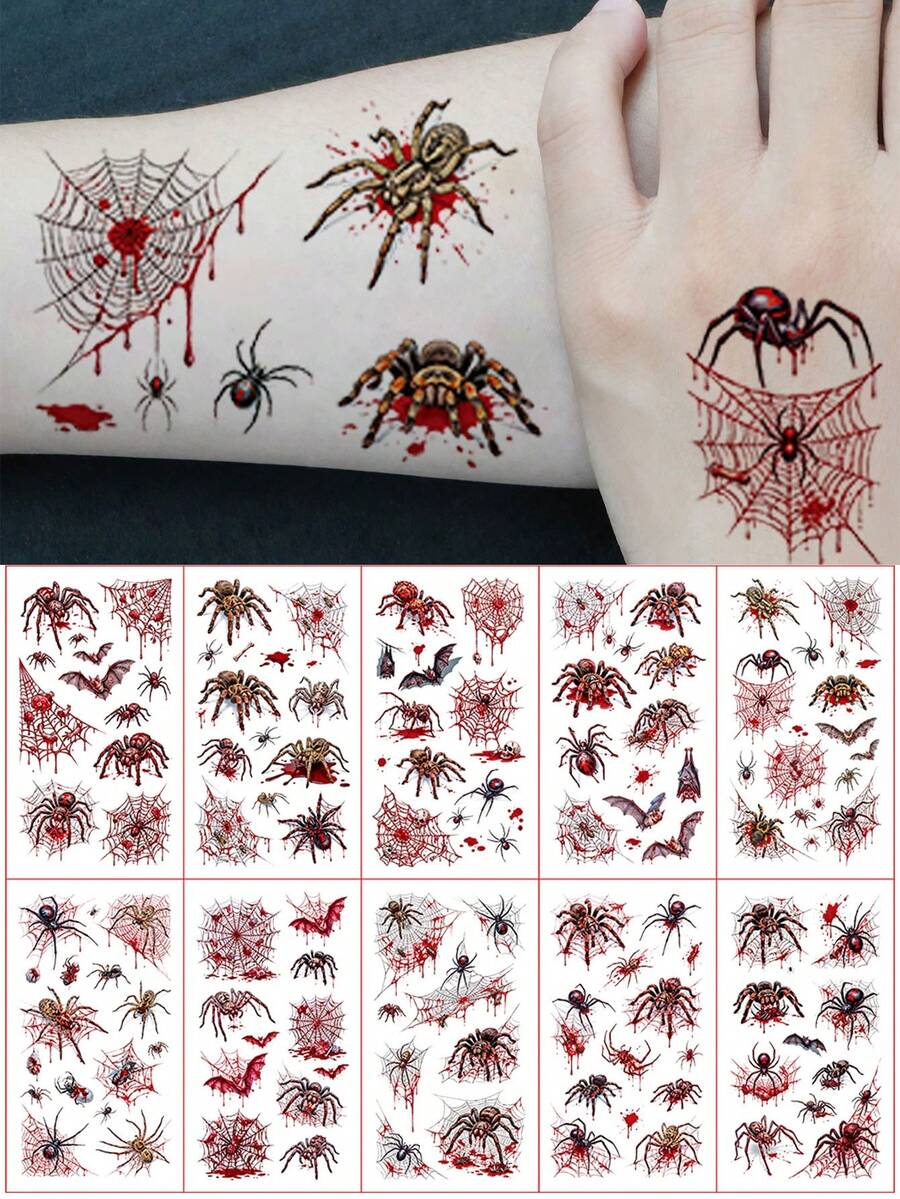 10 Sheets, Halloween Temporary Tattoo Stickers, 130pcs Blood Spider, Bat, And Spider Web Patterns, Waterproof Realistic Fake Tattoos For Body, Arms, And Thighs, Suitable For Party Costume Makeup - Multicolor - View 1