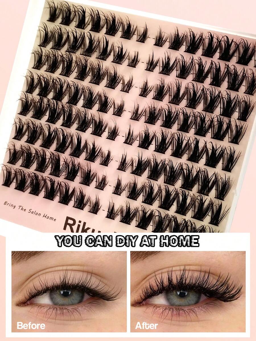 Rikuaild 112pcs D-Curl Natural Fluffy Cluster False Eyelashes, Fine Lash Band, Reusable, Suitable For Beginners, Easy To Apply, Salon-Grade Long-Lasting Lash Extensions - D - View 1