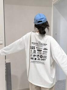 Kaos Lengan Panjang Wanita Longgar, Modis, Serbaguna dengan Motif Huruf, Warna Putih Kasual untuk Musim Semi/Gugur - Putih - View 3