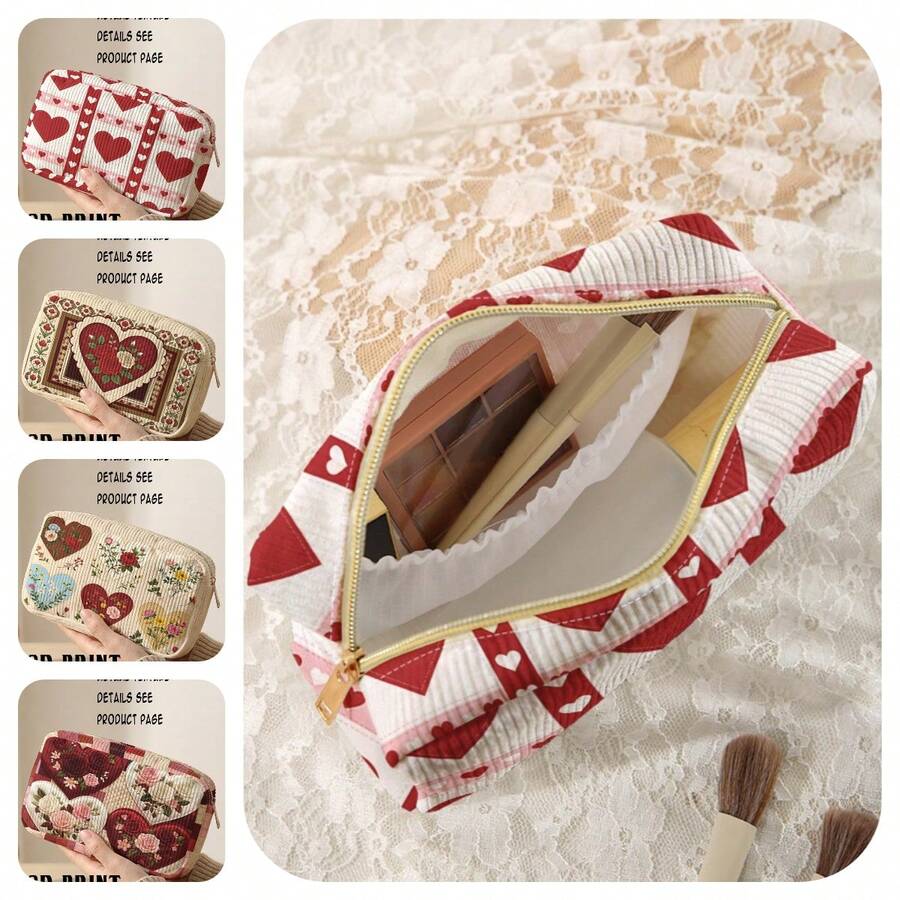 1pc Love Print Corduroy Cosmetic Bag,Toiletry Bag, Zipper Large Capacity Makeup Pouch For Daily Travel Storage Ideal Gift Choice - Multicolor - View 1