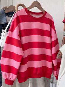 Women's Pink Colorblock Classic Fashion Striped Y2K Outfit Set, Back To School Autumn Apparel, Round Neck Long Sleeve Drop Shoulder Loose Pullover Sweatshirt With Warm Fleece Lining - Pink - View 7