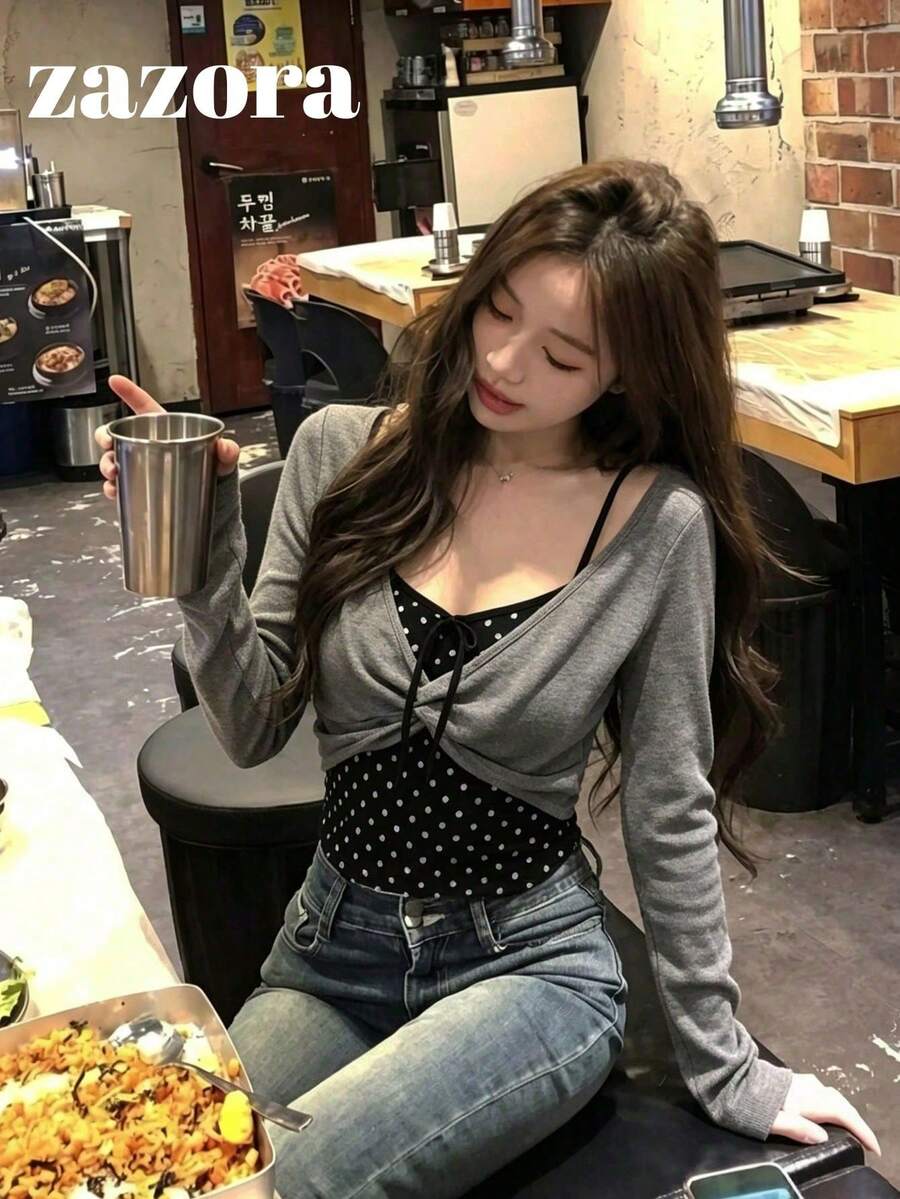 Women's Long Sleeve Base Layer T-Shirt, Slim Fit 2 In 1 Unique Top For Autumn - Black and Gray - View 1