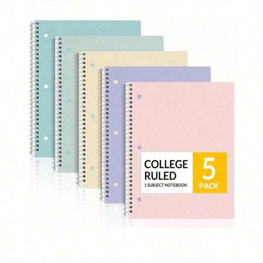 YY Spiral Notebooks, 1-Subject, 5 Packs, College Ruled Paper, 8" X 10-1/2", 70 Sheets Per Notebook,3-Hole Punched Paper, Pink,Purple, Blue, Green, Yellow Spiral Lined Notebooks For School,Work(Random Color) - 5 Pcs - View 1