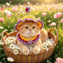 Handmade Woven Pet Hat & Bib Set, Adjustable Tie, Sun Hat + Drool Bib, Cat Photo Prop, Daily Styling Accessory For Small And Medium Dogs And Cats - Multicolor - View 5