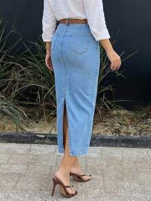 Light Blue Washed Mid-To-High Waist Denim Skirt For Women, Vintage Bodycon Mid-Length Slim Fit Commuter Versatile Denim Skirt, Belt Not Included - Medium Wash - View 4