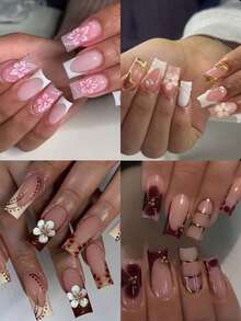 24 Pcs 3D Stereoscopic Gel Nails, Can Create Flower Nail Art, Decorated With Imitation Pearls, Square French Tips, Rectangular Perfect Fit Acrylic False Nail Set - Multicolor - View 3