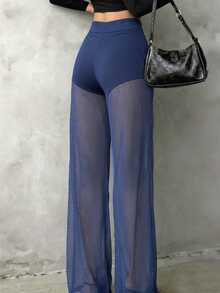 Women's Solid Color Sheer Mesh Casual Elegant High Waist Straight Leg Pants, Suitable For Daily Wear, Commuting, Dating, Gathering - Royal Blue - View 3