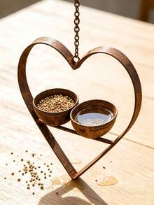 Rusty Metal Heart-Shaped Bird Feeder, Dual Bowl Design, Vintage Distressed Bird Food And Water Dual-Use Feeder, Hanging Design Suitable For Trees And Backyard Gardens, European Courtyard Landscape Country Style Outdoor Decor - Multiple Styles - View 3