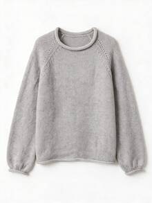 Women's Grey Textured Knit Sweater With Rolled Hem, Round Neck, Raglan Lantern Sleeves, Casual Versatile Soft Pullover, Suitable For Daily Wear In Autumn/Winter - Grey - View 6
