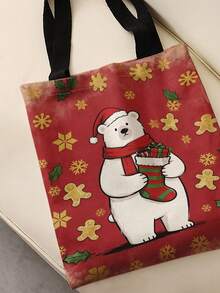 1pc Christmas Bear Print Canvas Tote Bag, Large Capacity Hand‑Held Shoulder Bag,Reusable Shopping Bag For Music Festival Party Daily Packing Books - Multicolor - View 3
