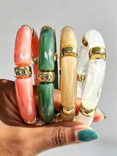 4/1pc Fashion Bohemian Style Multicolor Acrylic Bamboo Joint Elastic Bracelet Set, Suitable For Women's Daily Wear, Party, Beach, Vacation, Wedding, Gift