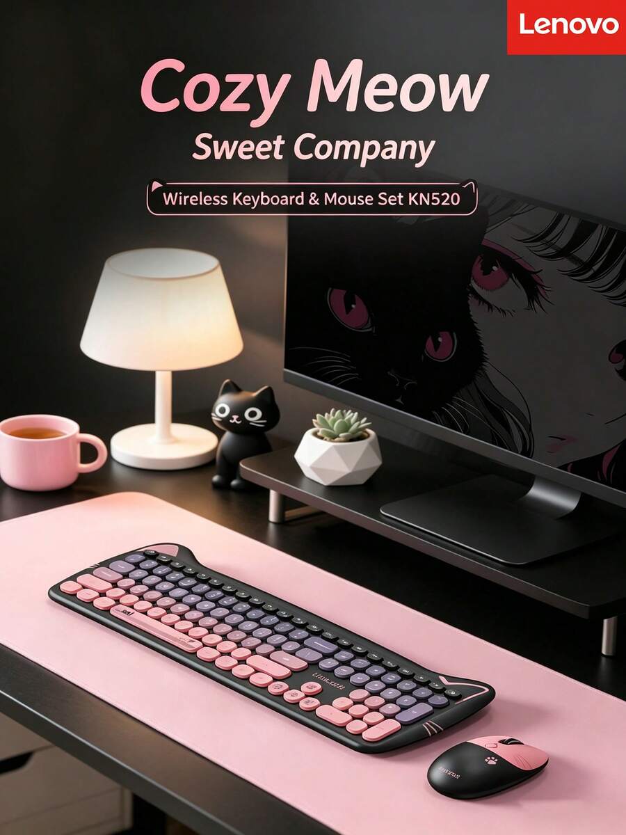 Lenovo Wireless Keyboard And Mouse Combo, Cute Cat Ear Design, Silent Keys, Suitable For Home Office Desktop And Laptop - View 1