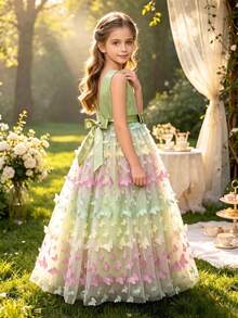 Tween Girl Green Princess Backless Colorful Butterfly Dress, Teens Flower Girl Wedding Party Formal Gown - Green - View 9