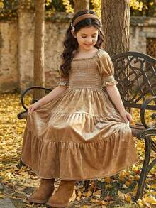 Tween Girl Solid Color Shirred Waist Short Sleeve Cute Square Neck Holiday Party Mid-Length Velvet Dress - Brown - View 5