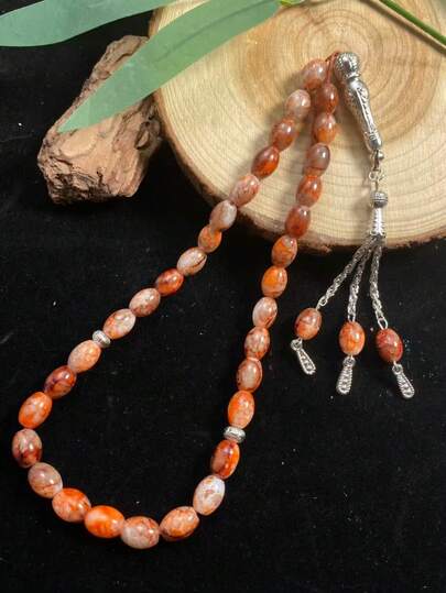 1pc 33-Bead Oval Artificial Crystal Handheld Prayer Beads, Vintage Silver Carved Accessory With Tassel, Islamic Prayer Beads