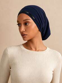 1PC Women's Solid Color Non-Slip Pullover Cap, Comfortable Skin-Friendly Base Cap, Breathable Headscarf Liner For Long Wear, Muslim Hijab Inner Cap, Suitable For Daily Use - A-dark Blue - View 4