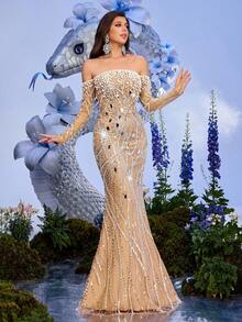 Elegant Women's Strapless Cold-Shoulder Long Sleeve Mesh Fabric Beaded Pearl Backless Formal Evening Gown - Champagne - View 4