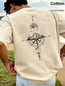 Men's Cotton T-Shirt For Autumn With Back Print Of Sun, Mountains, Compass And Geometric Patterns, Daily Street, Vacation, Casual Sports Outfits - Apricot - View 4