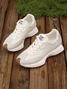 SOCTU Sepatu Olahraga Lari Kasual Nyaman untuk Wanita, Ujung Bulat, Desain Blok Warna, Bertali, Sol Tebal, Gaya Pelajar, Menambah Tinggi Badan - Putih - View 6
