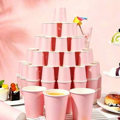 10/20/50/90pcs Pink Paper Cups, Coffee Cups, Milk Tea Cups, Fruit Cups, Disposable Paper Cups 250ml Capacity, Suitable For Home, Supermarket, Shopping Mall, Restaurant, Birthday Party, Wedding, Party Giveaway Cups, Christmas, Halloween And Other Outdoor Supplies