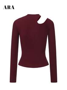 ARA Women Boho Beaded Irregular Cutout Long Sleeve Top, Ribbed Slim Fit Ruched Front Back Hollow Out Cropped Shirt, All Season Vintage Y2K Streetwear - Purple - View 11