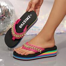 Pearl Rhinestone Wedge Flip Flops For Women, Colorful Thick Sole Toe-Post Sandals, Beach Vacation Dress Matching Sandals - Hot Pink - View 2