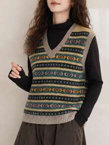 Women's Autumn/Winter Casual Minimalist Elegant Gentle Classic Vintage Pattern V-Neck Pullover Vest - Yellow Tones - View 5