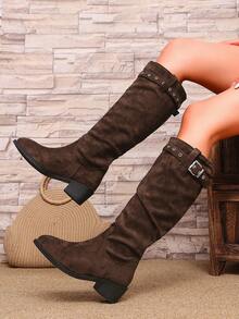 Botas altas hasta la rodilla de mujer con punta puntiaguda y fruncidas, estilo europeo y americano, material de ante con decoración de hebilla, zapatos de tacón alto ajustados, combinación perfecta para sudaderas con capucha, moda sexy para otoño/invierno - Café integral - Ver 6