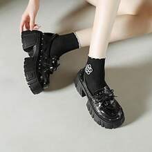 Punk Style Rivet Bow Thick Sole Loafers Women Glossy Chunky Heel Height-Increasing Retro Commute Shoes - Black - View 6