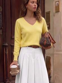 GIGOGOU Women's Basic Knit Pullover Sweater For Autumn/Winter, Soft And Comfortable V-Neck Casual Knit Top, Minimalist Style Yellow Fall - Yellow - View 3