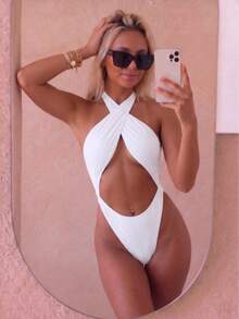 New Sexy Neckline, Tight-Fitting, Open-Back, Figure-Flattering, One-Piece Swimsuit For Vacation Summer Beach Elegant White - White - View 3