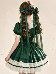 2pcs Girls Sweet Elegant Bow Ribbon Hair Clips, Cherry Decor Extra Long Bow Ponytail Hair Clips Suitable For Outings, Matching Clothes, School, Holiday Use - Green - View 1