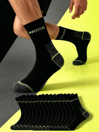 10 Pairs Men's Mid-Calf Work Socks, Reinforced Heel And Toe, Mid-Calf Ribbed Design, Printed With Work-Themed Letter Pattern, Suitable For Men's Daily Work And Outdoor Activities Casual Socks, Multiple Colors Available