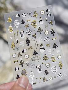 1片 5D 金箔聖誕美甲貼紙，黑白小狗、雪人、聖誕樹、蝴蝶結、Merry Christmas 字母自黏式美甲貼花 DIY 美甲裝飾配件 - 彩色 - 查看 6