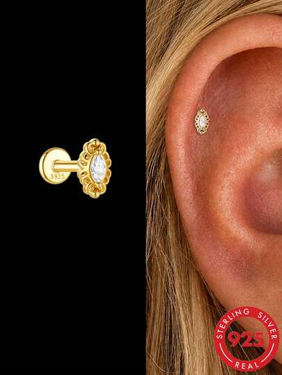 1pc 925 Sterling Silver Vintage Marquise Zirconia Flat Back Stud Earring, Cartilage Helix Piercing Jewelry, Suitable For Stacking, Daily Wear, Gift