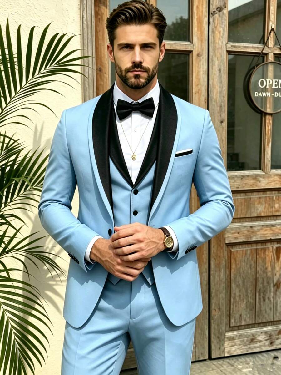 SuitGent 三件套男士高品质商务西装，撞色新郎婚礼礼服，修身休闲西装外套和裤子套装，春季礼服套装