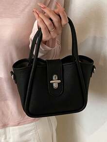 Handbag With Lychee Grain Soft Leather Fabric, Metal Lock Decoration, Layered Storage, Minimalist Commuter Style, Suitable For Daily Use, Dating, Shopping, Short Trips, Detachable Shoulder Strap, Versatile Shoulder Crossbody Small Bag - Black - View 7