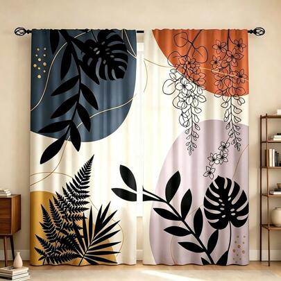 2 stuks gordijnen met contrastkleurige geometrische tropische plantenprint, 2D platte print, doorschijnende stof, gordijnroede zakontwerp, boheems moderne kunststijl, geschikt voor slaapkamer, woonkamer, studeerkamer raamdecoratie