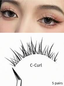 5 Pairs Thai-Style False Eyelashes, Korean Style, C Curl, 6-12mm Mixed Length, Long & Intertwined Design, Create 3D Voluminous & Natural Enlarged Eye Effect, Soft & Lightweight, Comfortable Fit, Easy DIY Application, Save Makeup Time, Simple Operation For Beginners, Reusable, Suitable For Daily, Date, Travel & Party Looks, Ideal Holiday Gift For Best Friend Or Girlfriend - Black - View 8