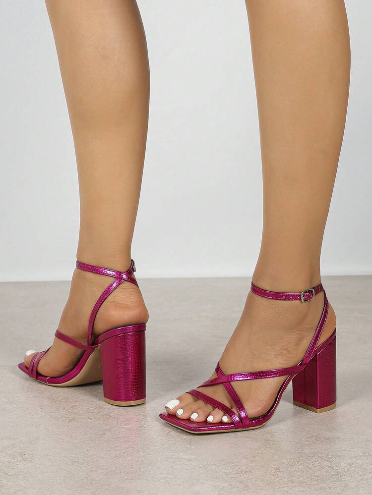 Women's Rose Red Square Toe Open Toe Chunky Heel High Heels, Versatile Comfortable Elegant Minimalist Daily Commute Shoes, Height-Enhancing Leg-Elongating - Hot Pink - View 5