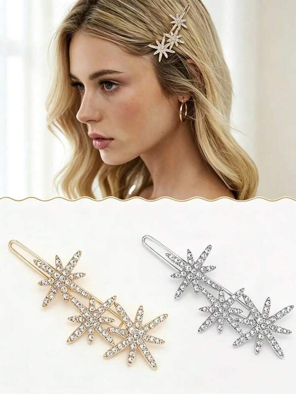 2pcs Rhinestone Star Hair Clips, Gold And Silver Bangs Hair Clips, Elegant Hair Accessories For Wedding Bride Party Women