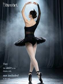 DonsGirl 1pc Women's Swan Lake Ballet Leotard, Sequin And Mesh Patchwork Dance Performance Costume, Asymmetrical Single Sleeve With Finger Loop, Suitable For Stage Performance - Black - View 4