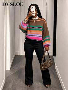 DVSLOE Women Y2K Color Block Fall Winter Sweater, Boat Neck Lantern Long Sleeve Hollow Out Striped Knit Pullover For Daily, Dating, Going Out - Multicolor - View 4