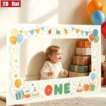 One-Year-Old Birthday Photo Booth Photo Frame, Colorful Cartoon-Style Selfie Props, Printed With Balloons, Gift Boxes And Cake Patterns, First Birthday Decoration Photo Frame. - 1 - View 6