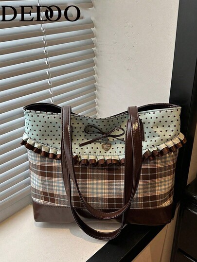 Dedoo New Fashion Tote Bag, Ruffle Bow Decoration, Striped Polka‑Dot Patchwork, Large‑Capacity Shoulder Bag For Women Daily Commute Work Vacation Student