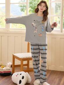 2pcs/Set Women's Pajamas Loungewear Set, Cute Animal Print Pullover Round Neck Casual Long Sleeve Cropped Pants, Comfortable For Home Wear - Grey - View 5