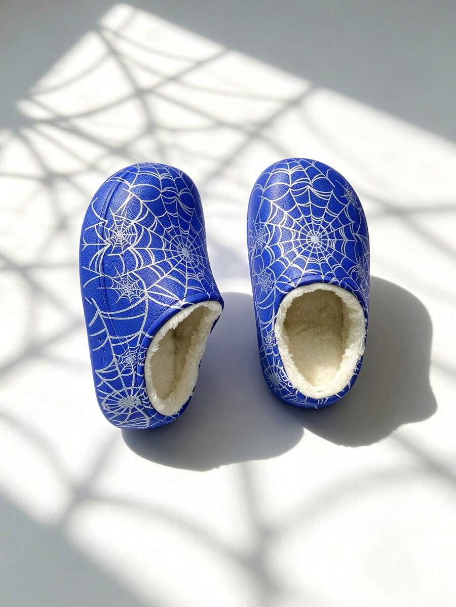 Boys Spider Web Print Slip-On House Slippers, Casual Indoor/Outdoor Children's Clogs - Blue - View 1