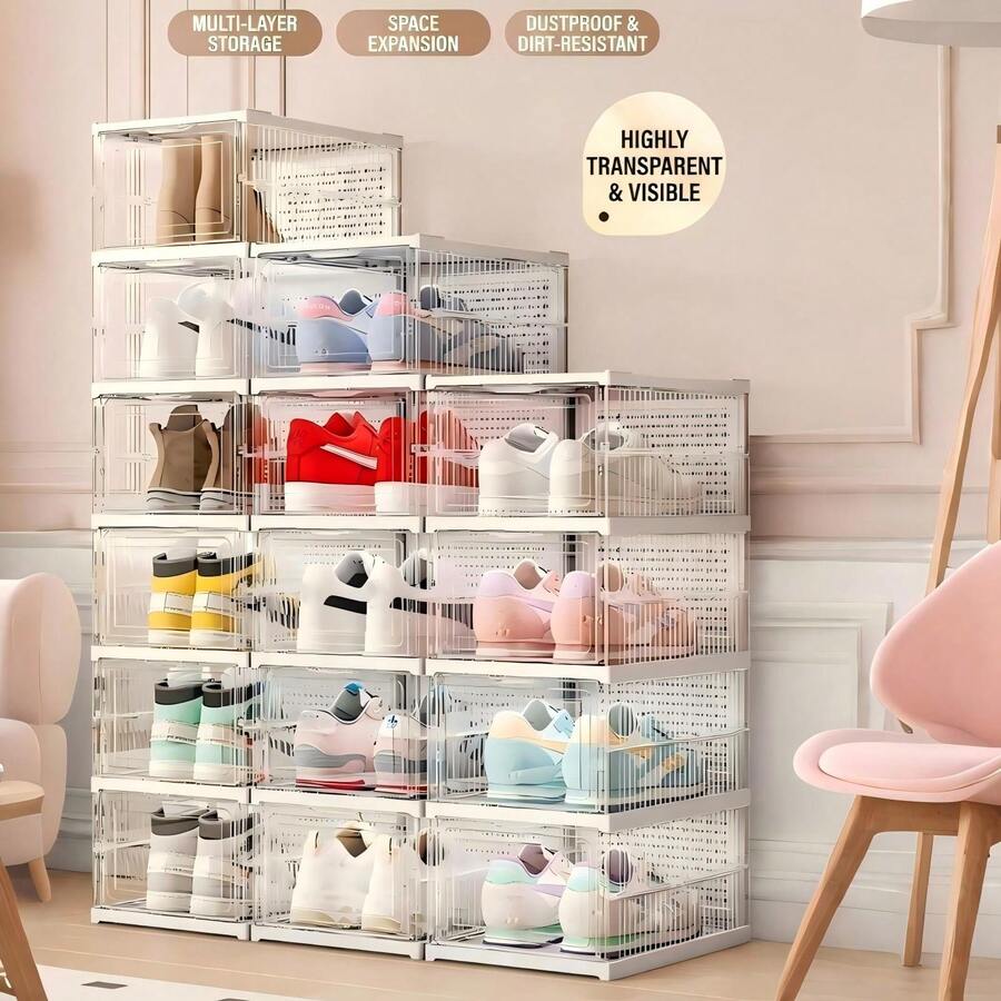 Lifevilion 12 Slots Transparent Shoes Cabinet Thickened Foldable Sneaker Shoe Organizers Stackable Dustproof High-Top Box Shoe Rack Shelf - Multicolor - View 1
